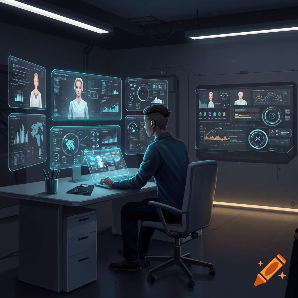 A man sits at a desk in a dark room, working on multiple futuristic holographic computer screens displaying data and human faces.