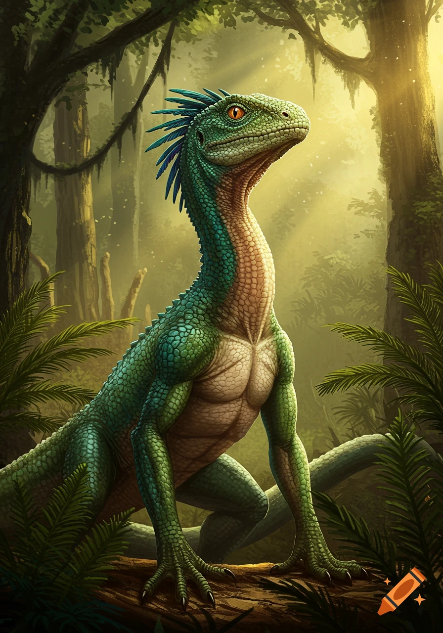 A green scaly lizard-dinosaur hybrid creature with orange eyes and a blue crest stands in a lush, sunlit jungle.