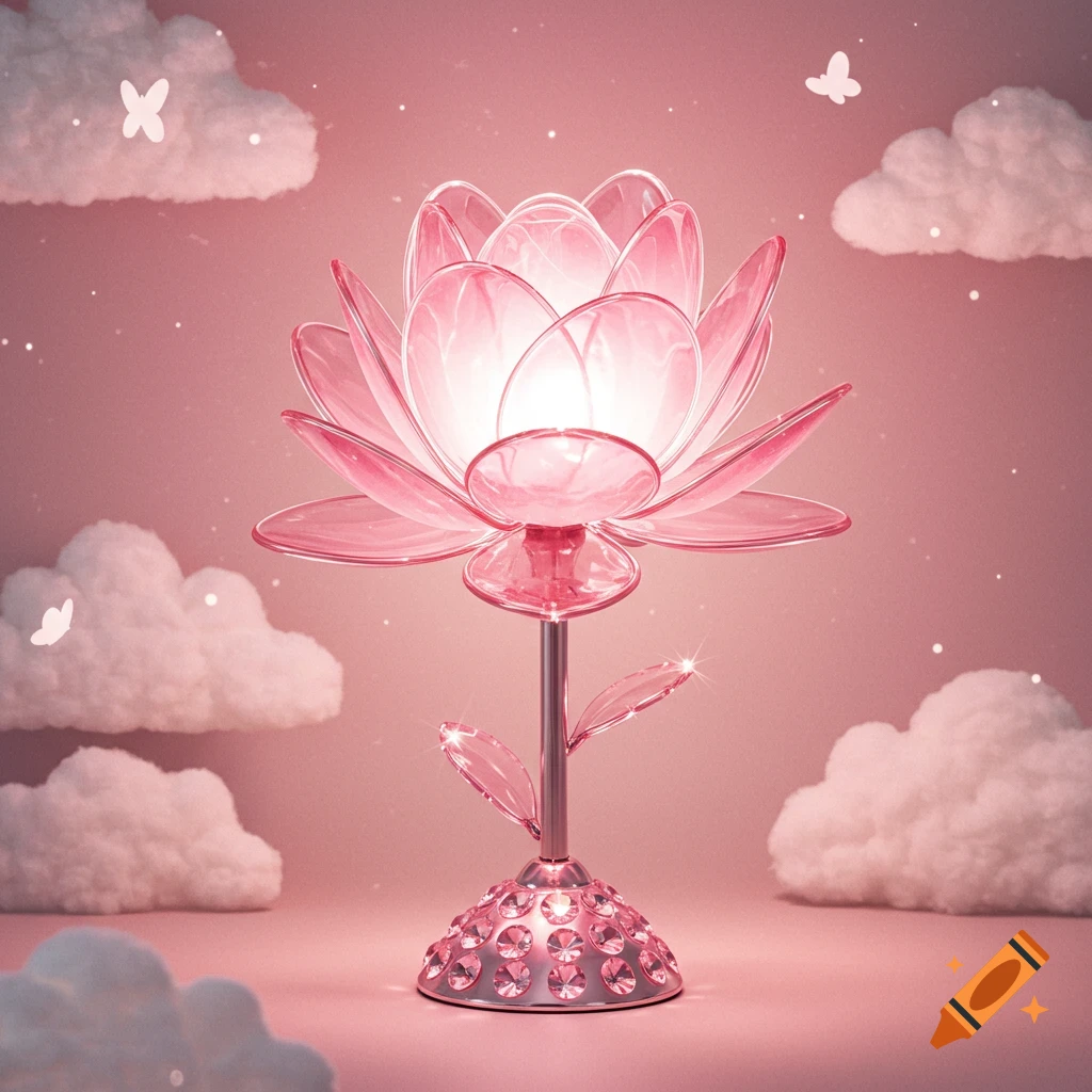 A luminous pink flower lamp with a crystal base, set against a soft pink background with clouds and butterflies.