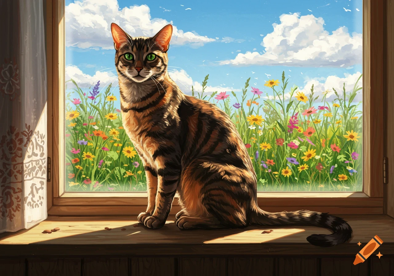 A brown tabby cat with green eyes sits on a wooden windowsill, looking out at a vibrant field of colorful wildflowers and a blue sky with clouds.