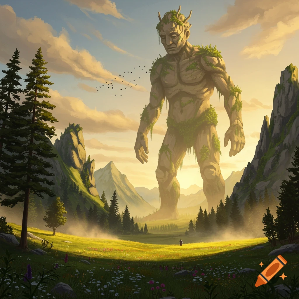 A massive stone giant covered in moss stands in a sunlit, misty valley surrounded by mountains and pine trees, with a tiny figure below.