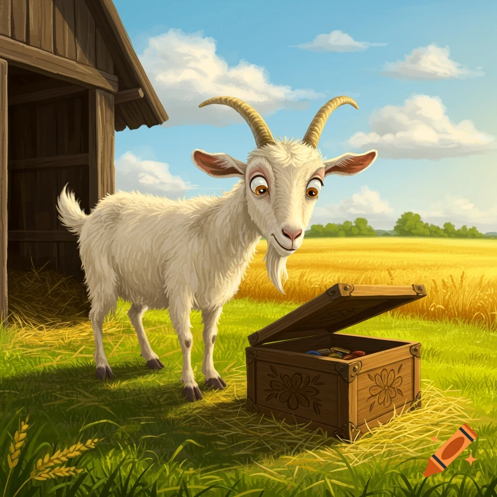 A cartoon goat with horns and a beard stands next to an open wooden box in a sunny field with a barn.