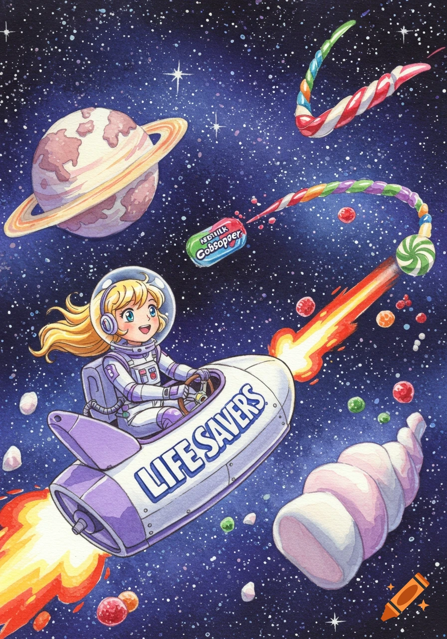 Watercolor illustration of a blonde astronaut girl in a white and purple suit flying a Life Savers rocket through space, past candy planets and marshmallow meteors.