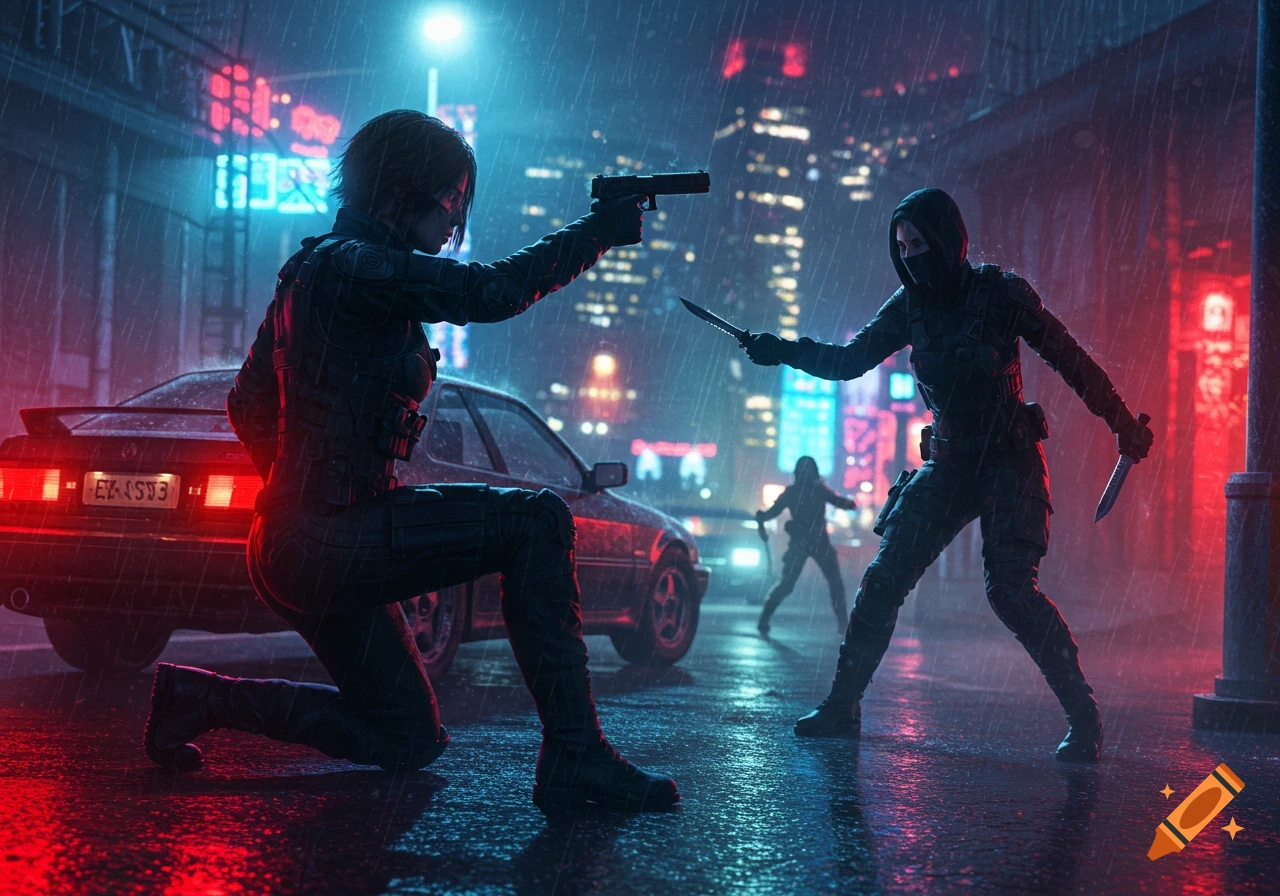 A female spy with a pistol aims at a masked assailant with two knives in a rainy, neon-lit city at night.