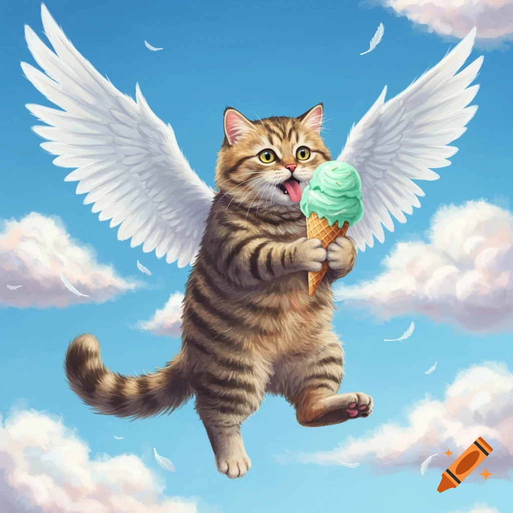 A fluffy tabby cat with large white wings flies in a blue sky, holding and licking a mint green ice cream cone. White feathers float around.
