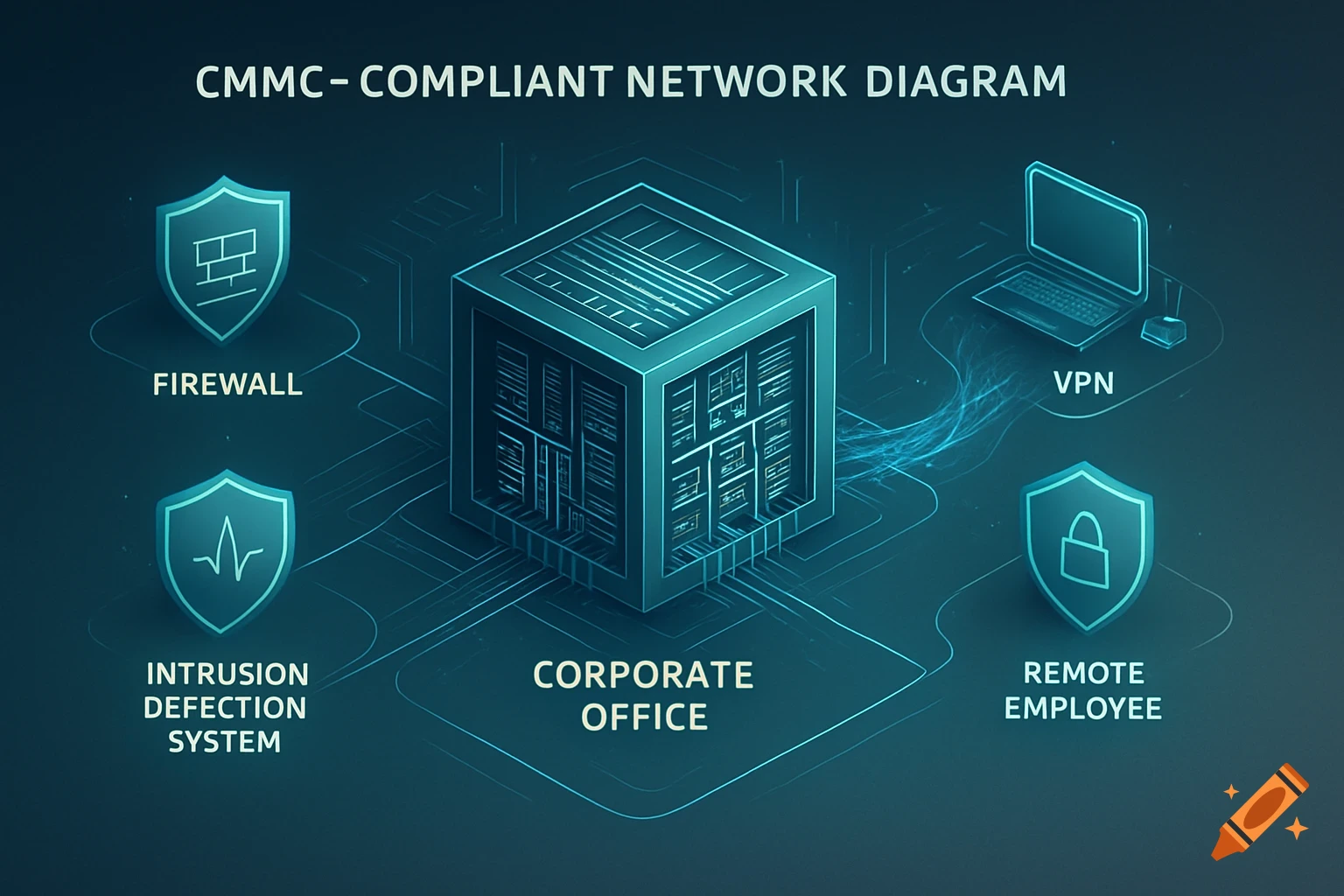 A CMMC-compliant network diagram showing components like a firewall, corporate office server, VPN, intrusion detection system, and a remote employee connected to the network.
