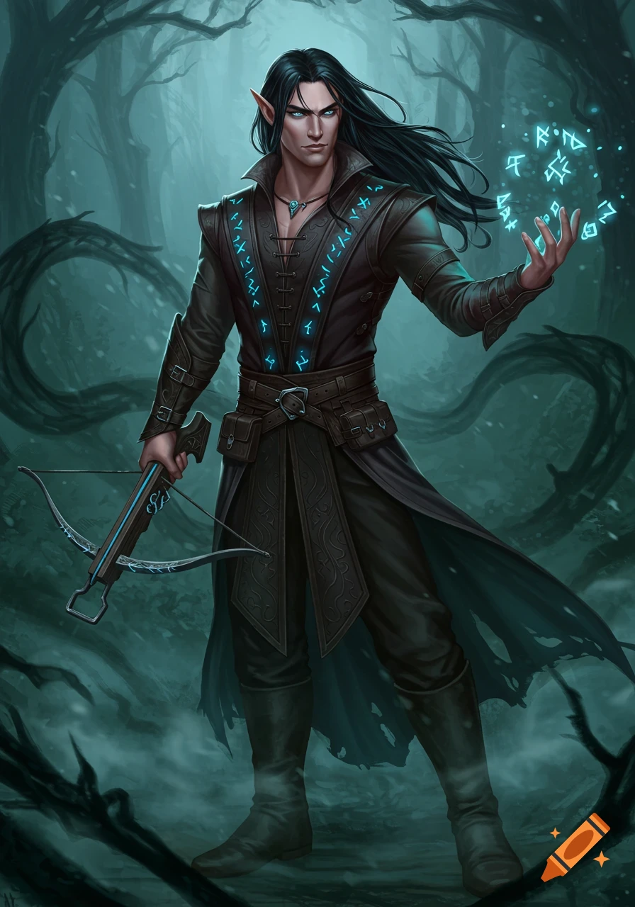 A dark elf warlock with long black hair, holding a crossbow and casting a glowing blue rune spell in a misty, dark forest.
