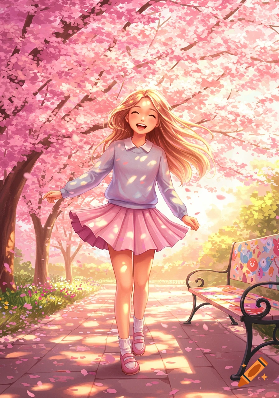 A happy anime girl with blonde hair skips through a sunlit park filled with pink cherry blossoms.