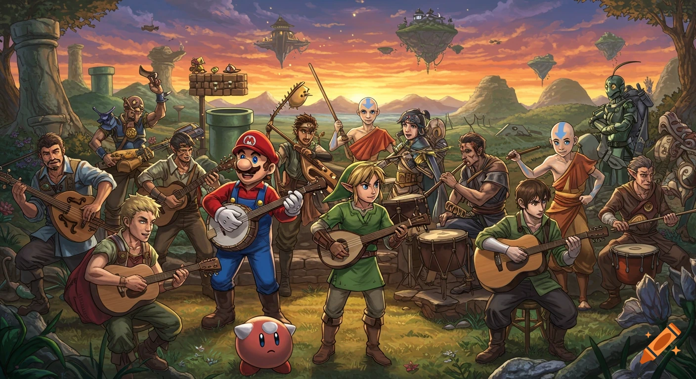 Mario, Link, and various game characters play acoustic instruments in a vibrant fantasy landscape with floating islands.