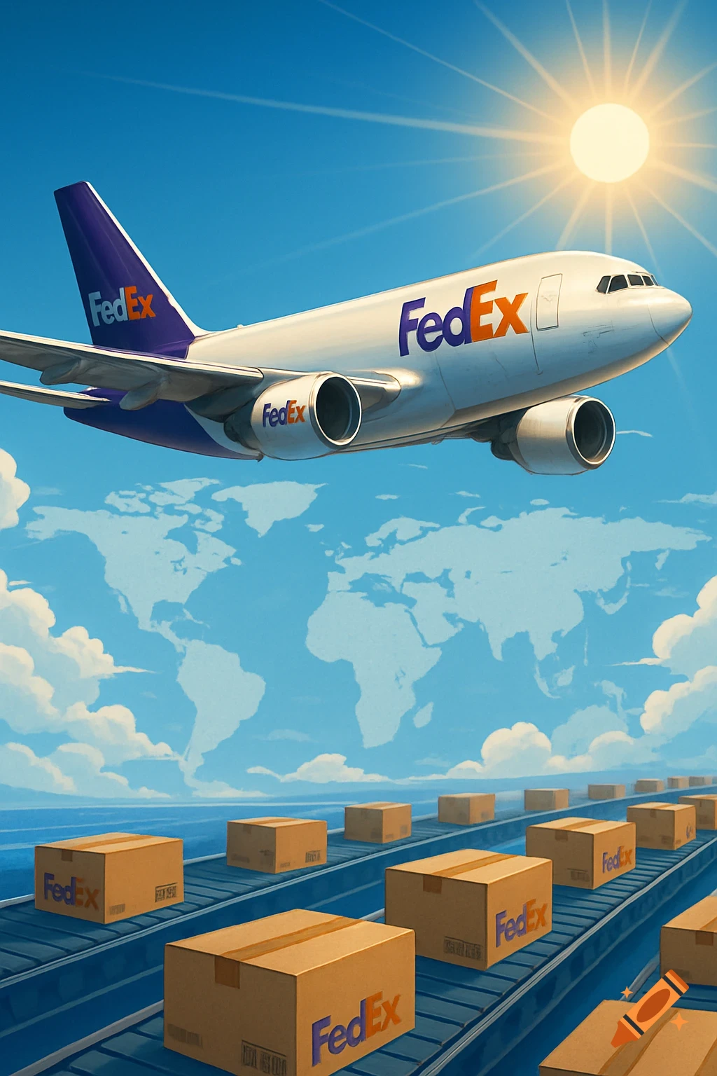 A white FedEx cargo plane flies over a blue sky with a faint world map, while FedEx boxes move on a conveyor belt below.