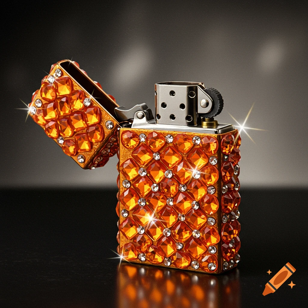 Photorealistic orange bedazzled lighter, covered in sparkling square-cut orange gems and small clear rhinestones.