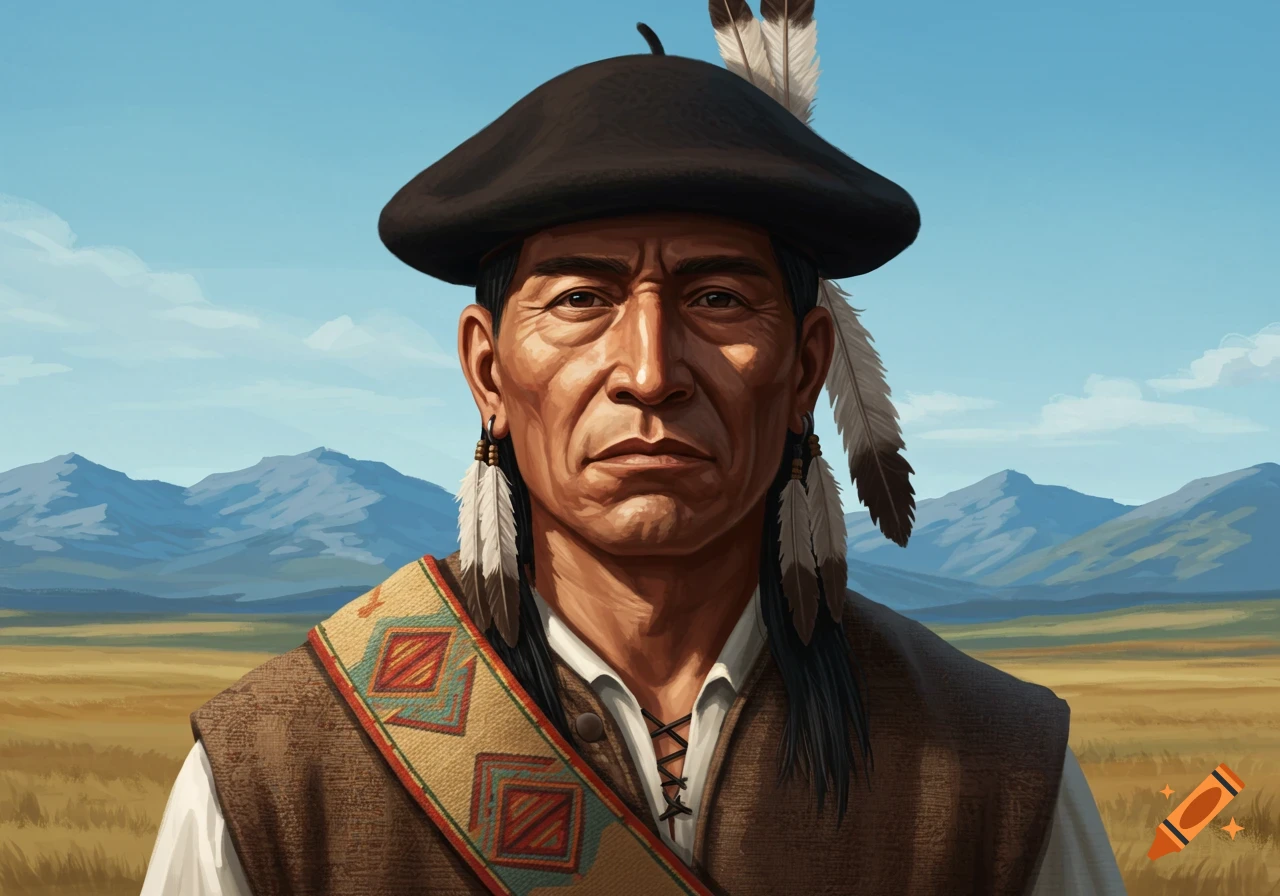 Portrait of an indigenous man wearing a feathered beret and traditional attire, standing in a field with mountains in the background.