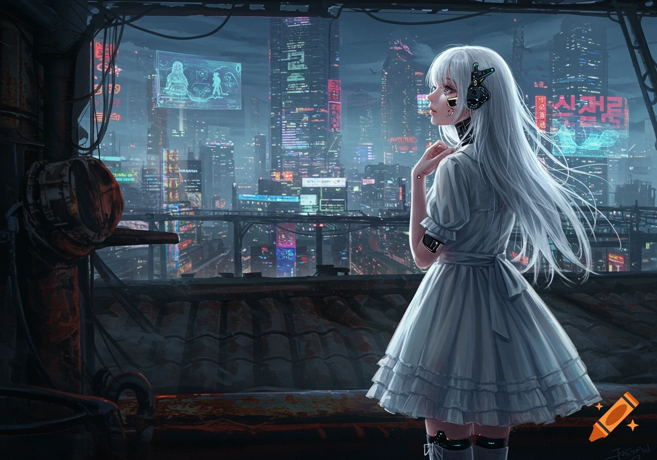 An anime girl with long white hair and cybernetic implants stands on a rooftop overlooking a dark, neon-lit cyberpunk city at night.