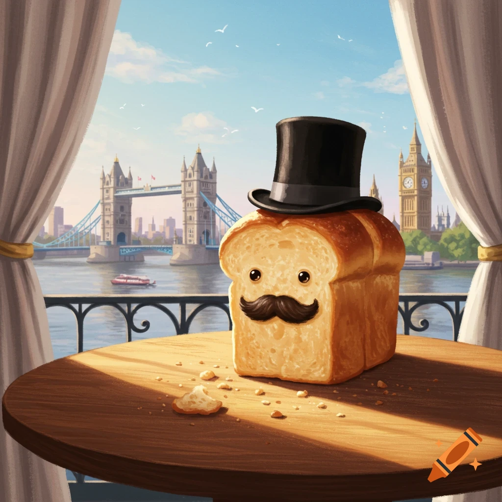 A whimsical illustration of a loaf of bread with a top hat and mustache on a table, overlooking London's Tower Bridge and Big Ben.