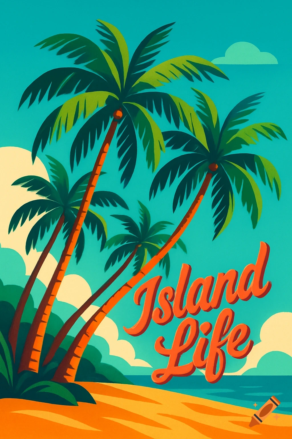 Stylized vector illustration of palm trees on a beach with the text 'Island Life'.