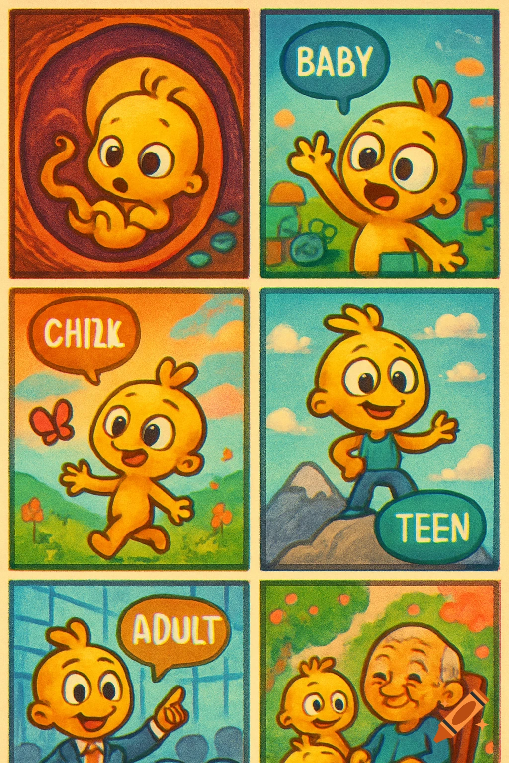 A cartoon character's life stages: an embryo, a baby, a child, a teen, an adult, and an elder.