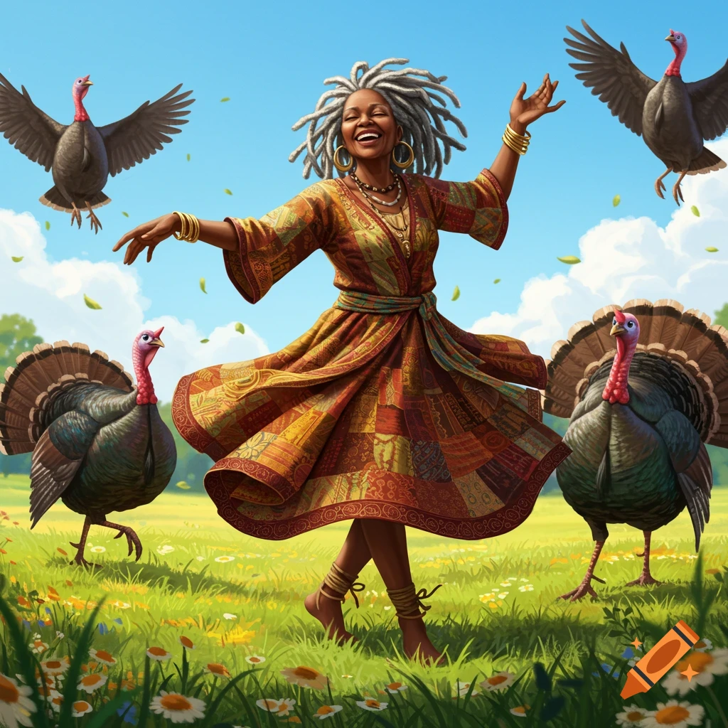 Joyful Black woman with dreadlocks dances barefoot in a vibrant field with turkeys and wildflowers under a blue sky.