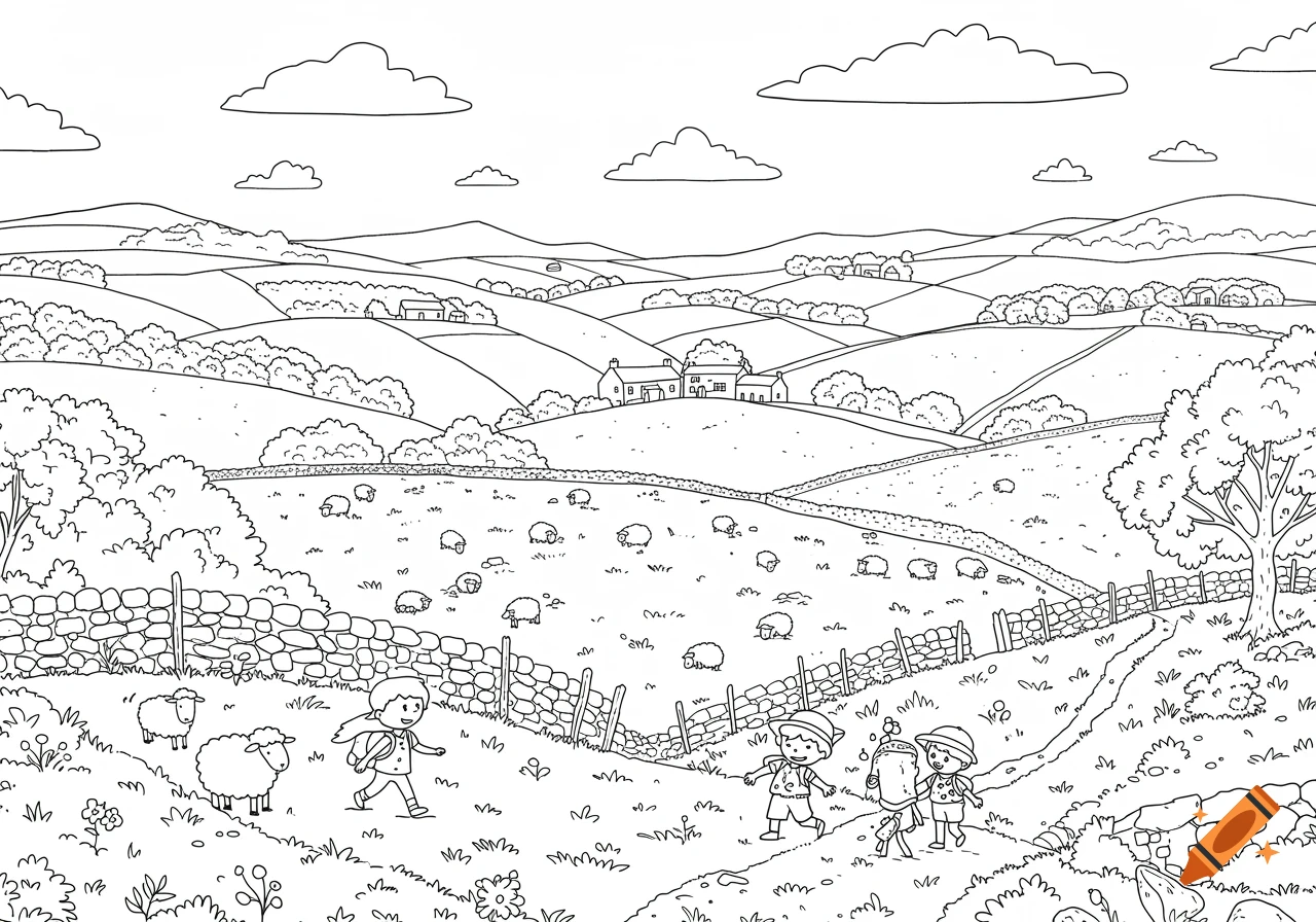 Black and white line drawing of children walking through a rural landscape with sheep, hills, and farmhouses.