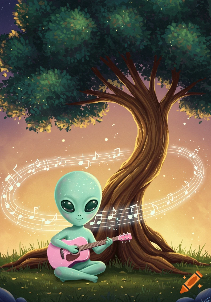 A cute green alien with large eyes sits cross-legged, playing a pink guitar under a tree with musical notes floating around it.