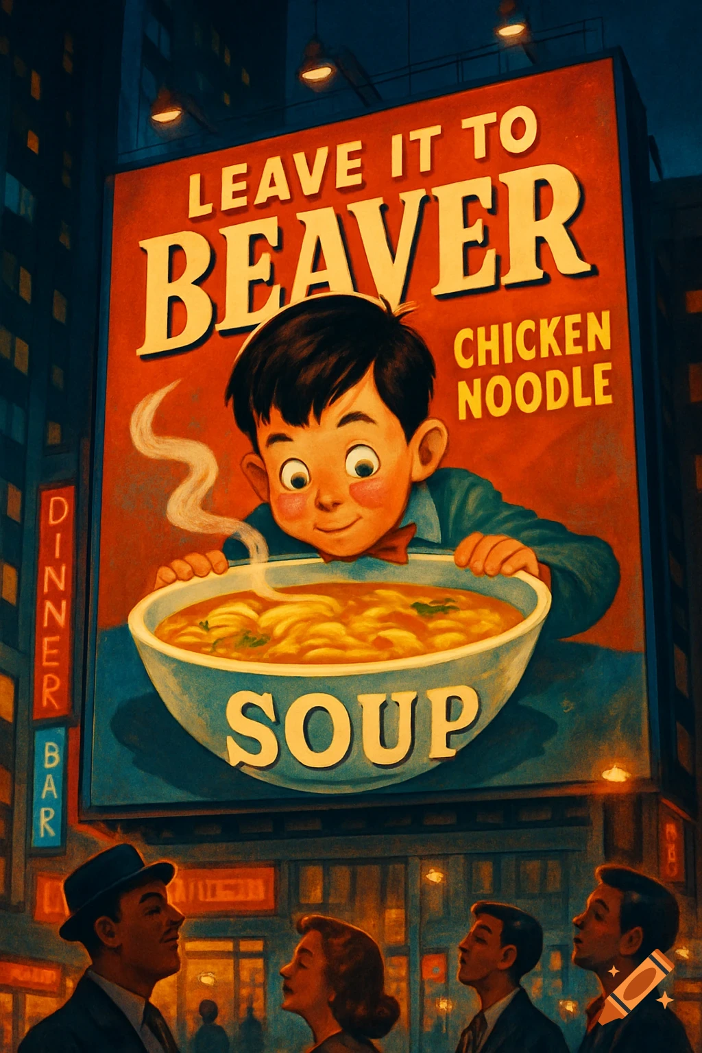 A retro-style billboard advertisement for "Leave It to Beaver Chicken Noodle Soup" dominates a city street at night, with people looking up.