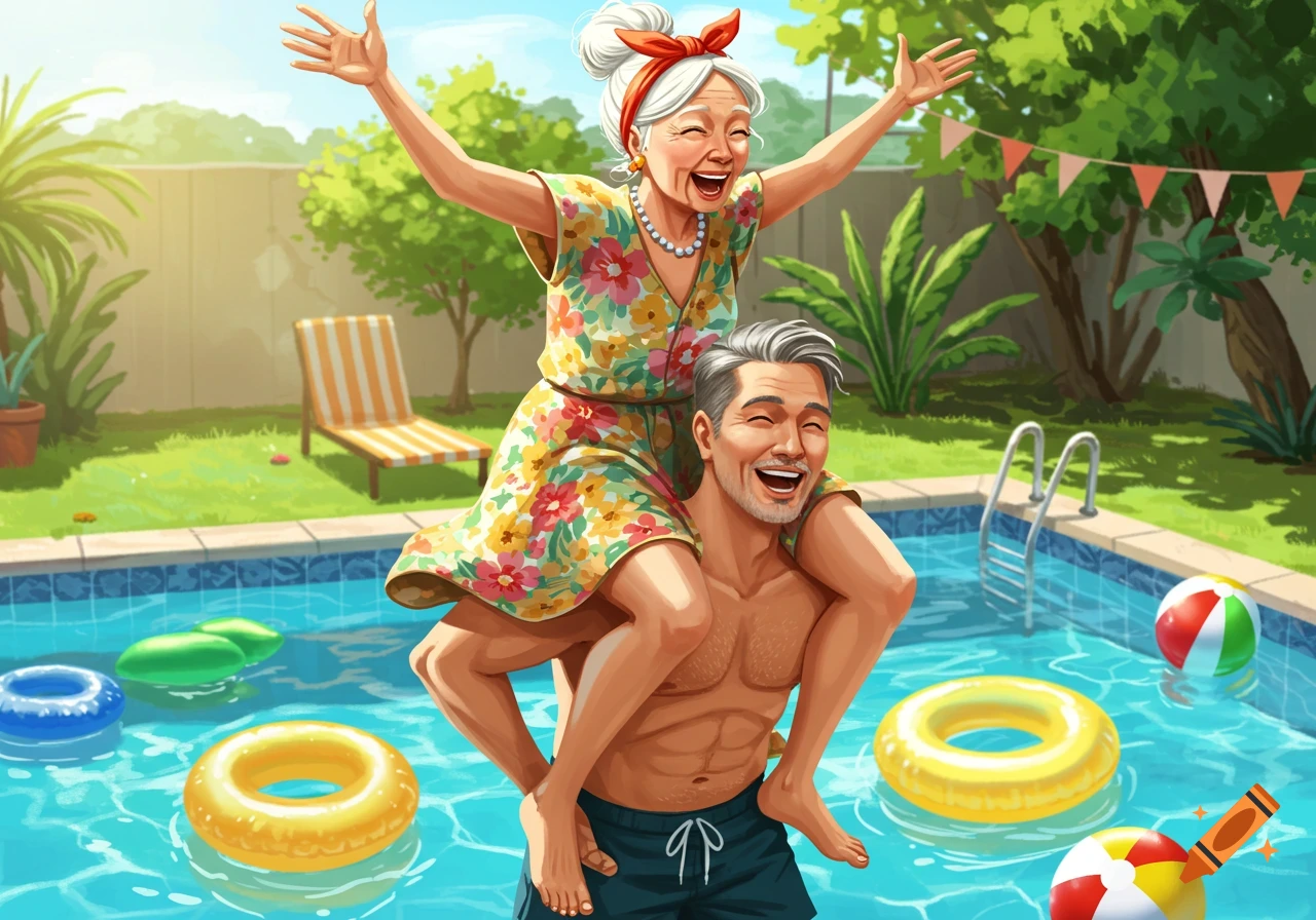 Vibrant illustration of a happy elderly woman on a man's shoulders in a sunny backyard pool with floats and beach balls.