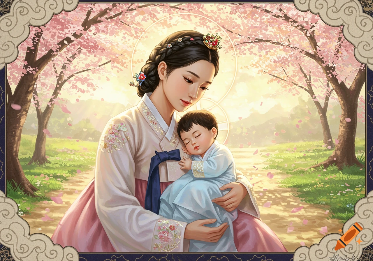 A serene Korean mother in hanbok cradles her sleeping baby under blooming cherry blossom trees.
