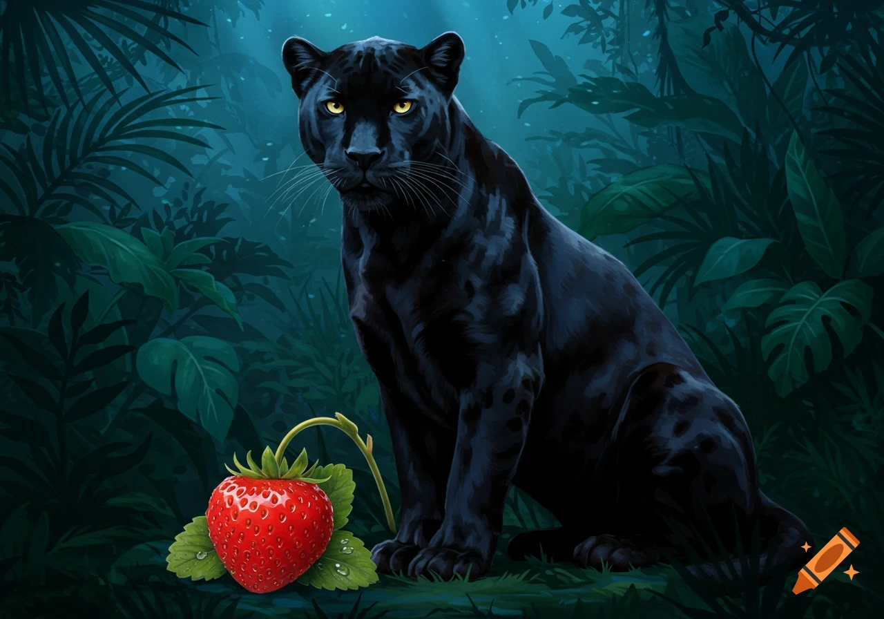 A black panther sits in a dark jungle next to a large red strawberry. Digital art.