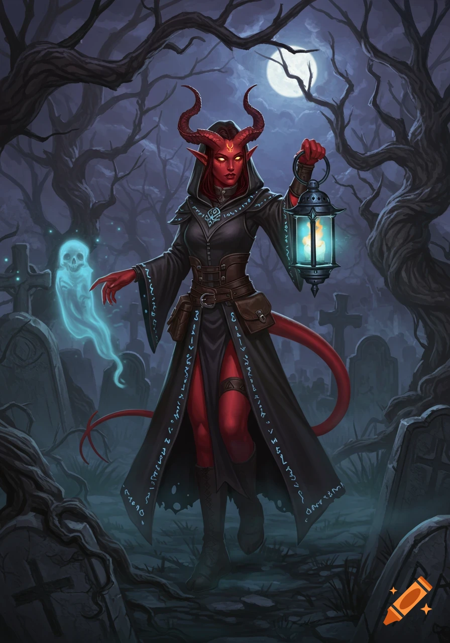 Red-skinned Tiefling in a hooded robe holding a lantern, standing in a misty graveyard with a glowing ghost.