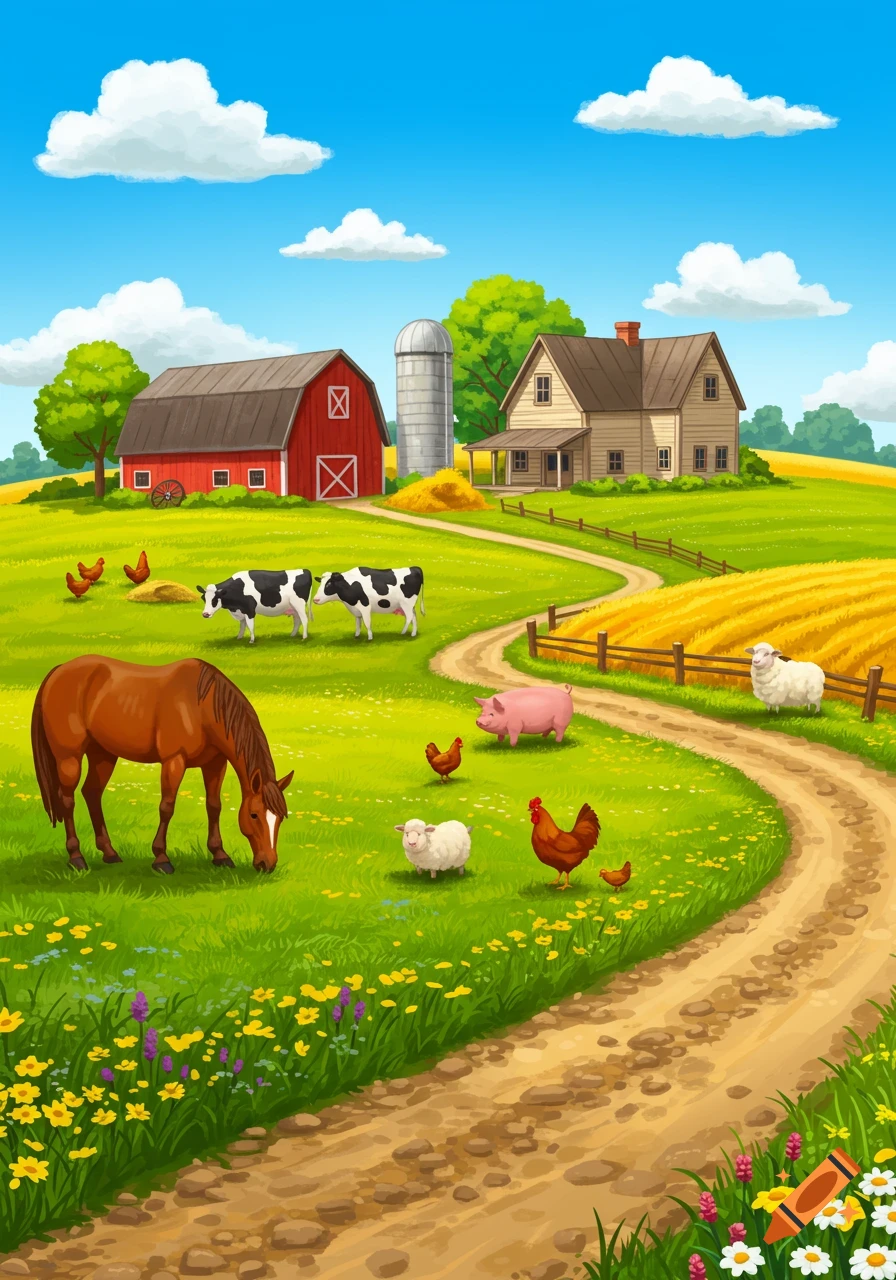 A vibrant cartoon farm scene with a red barn, farmhouse, dirt road, horse, two cows, a pig, rooster, sheep, and chickens under a blue sky.