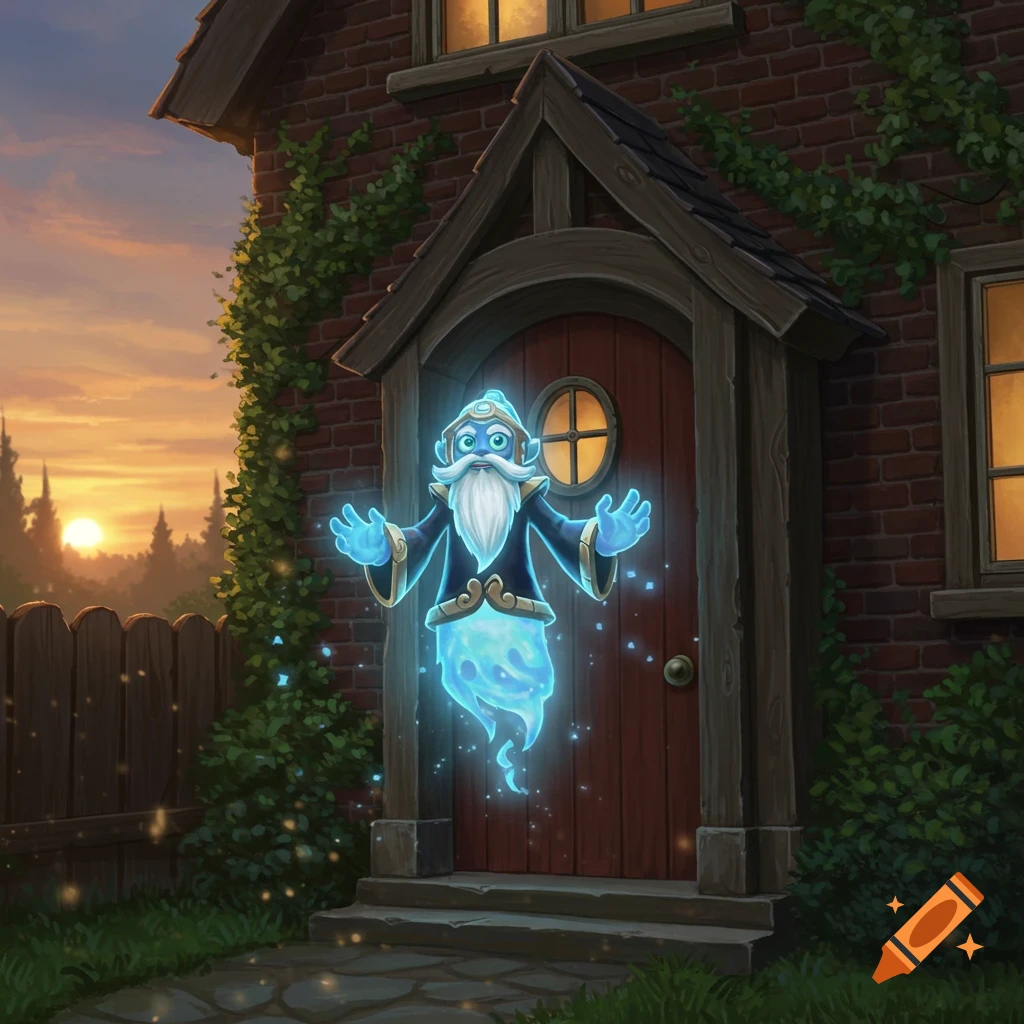 A glowing blue ghost wizard with a white beard floats in front of a red brick house at sunset, cartoon style.