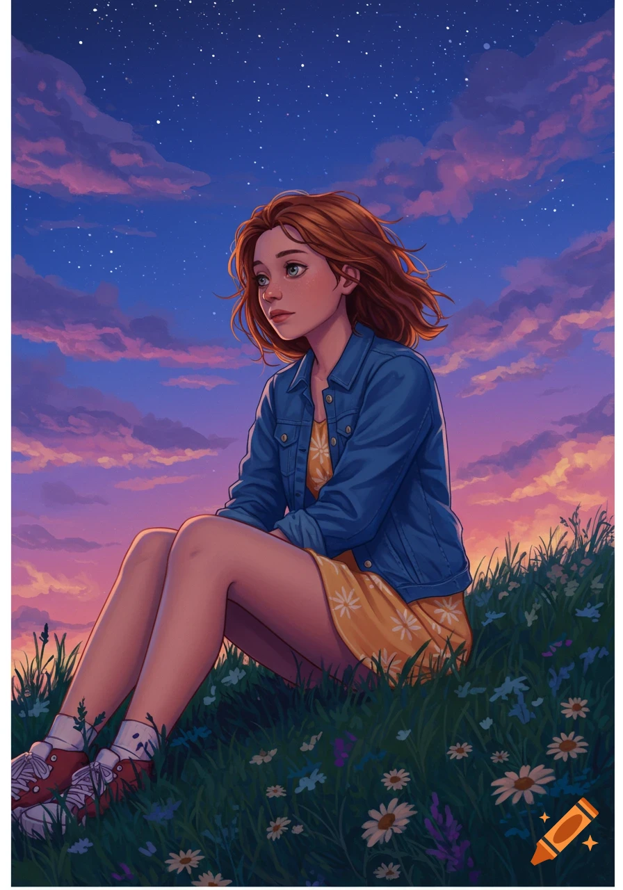Illustrated red-haired girl sitting on a grassy hill with flowers under a vibrant twilight sky with stars.