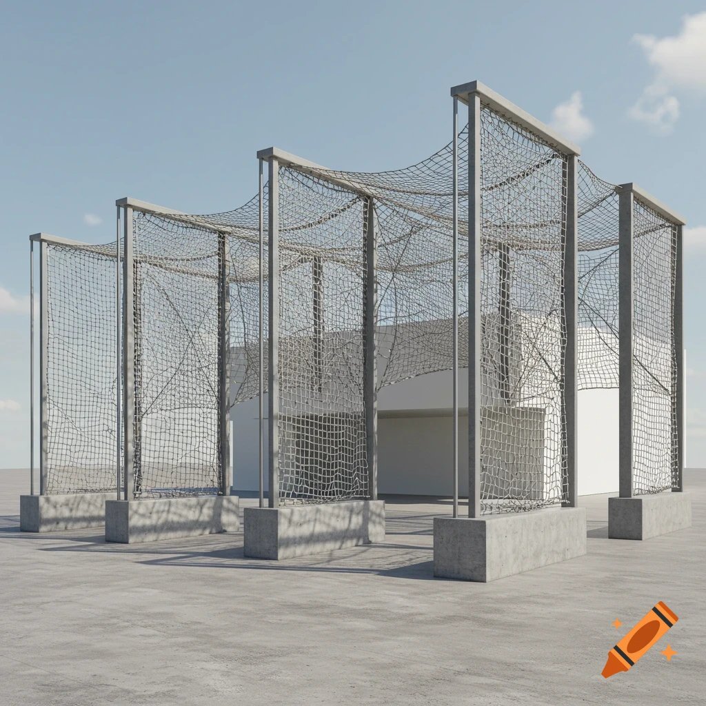 A 3D render of an outdoor architectural structure featuring grey metal frames, draped netting, and concrete bases, with a white building in the background under a blue sky.