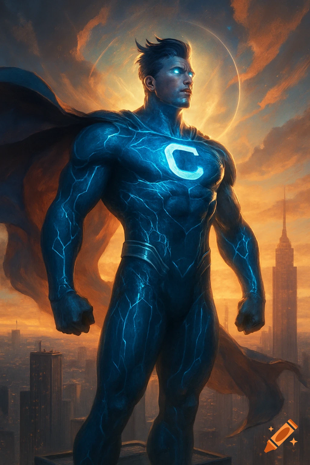A powerful superhero with a glowing blue suit and a prominent 'C' on his chest stands atop a building overlooking a city at sunset.