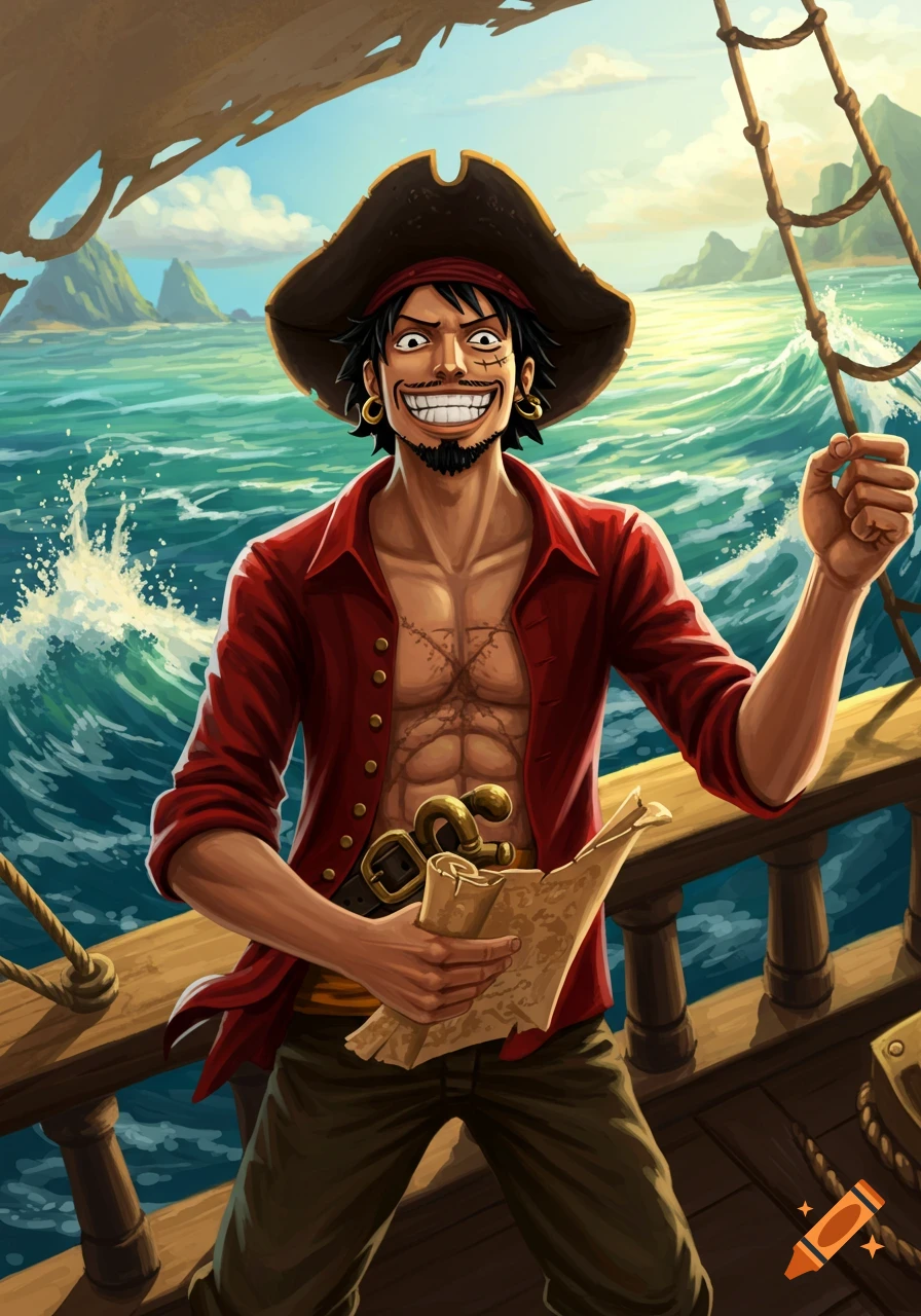 An anime-style pirate with a wide smile stands on a ship, holding a map, with stormy seas and islands in the background.