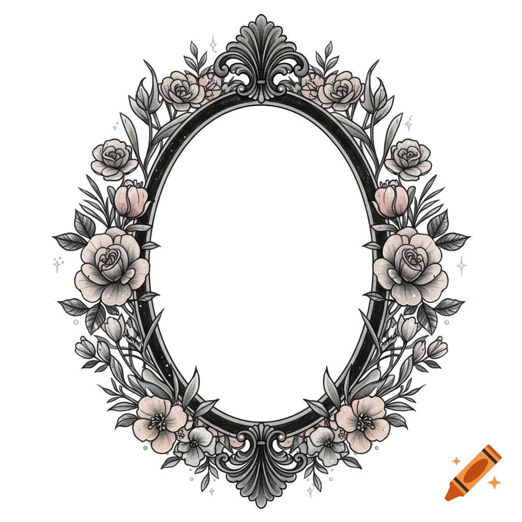Black and grey oval antique frame adorned with roses and wildflowers in an illustrative style.