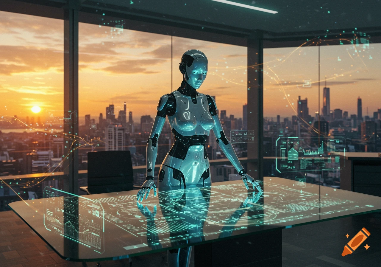 A futuristic humanoid robot interacts with a holographic table display in a high-rise office overlooking a city at sunset.