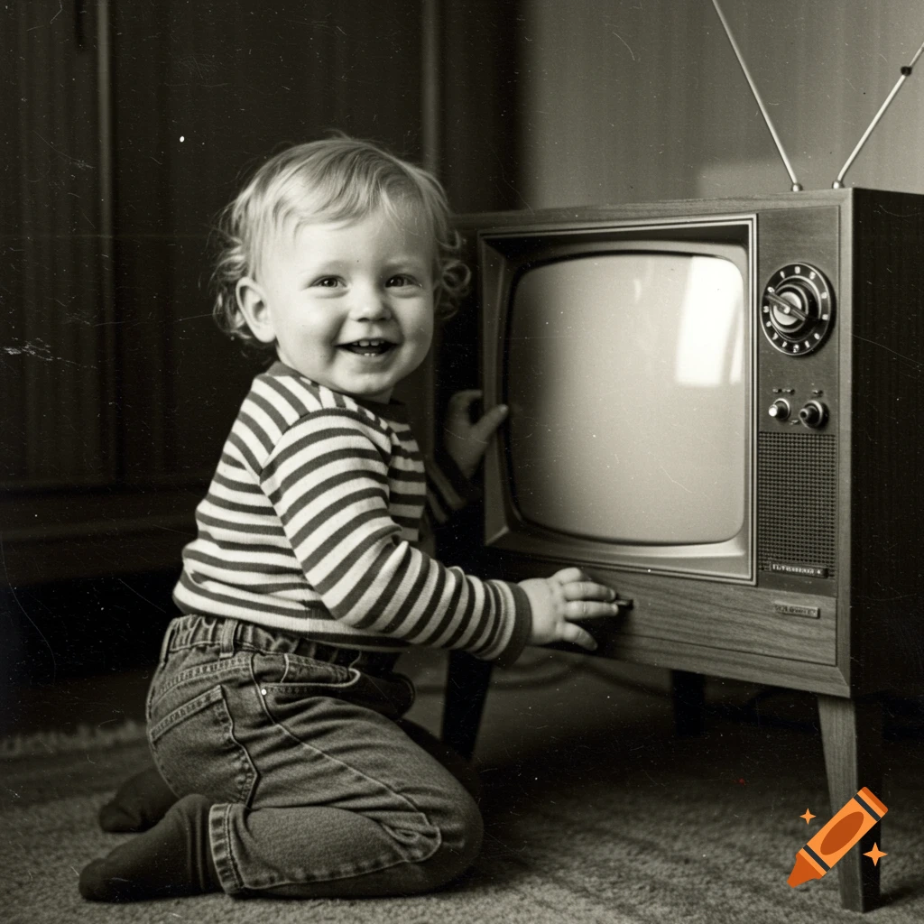 A smiling blonde toddler in a striped shirt and jeans kneels in front of an old black and white television.