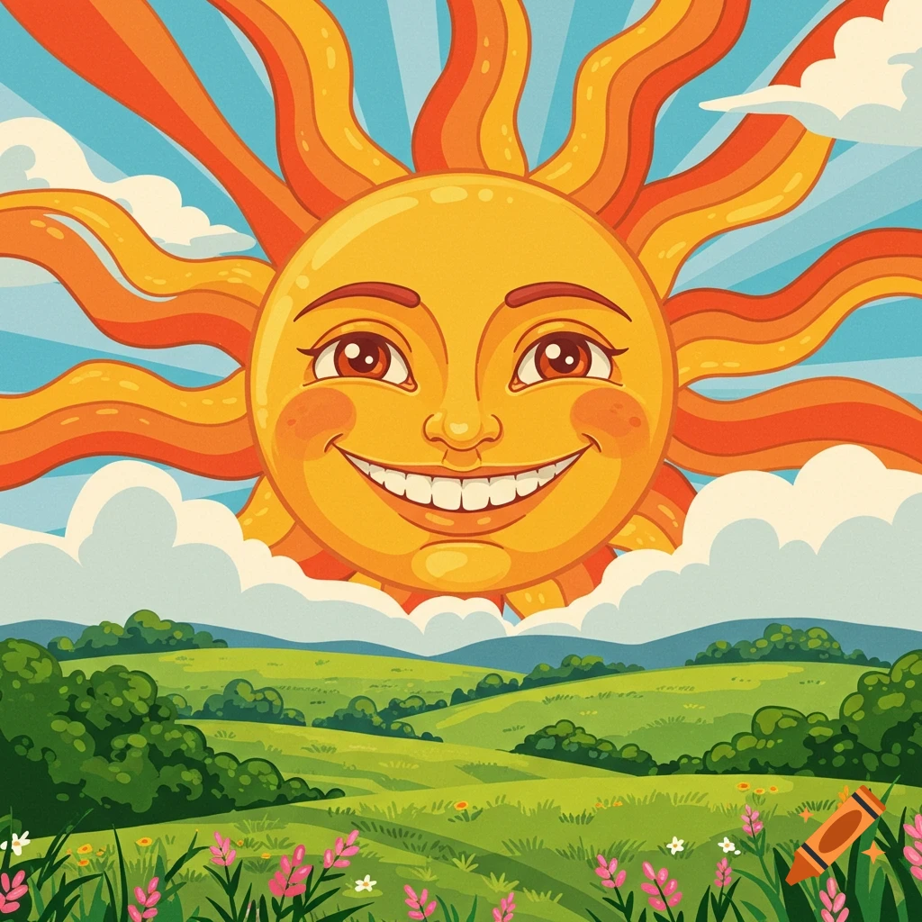 A smiling retro groovy sun with rainbow rays shines over a green landscape with rolling hills and wildflowers.