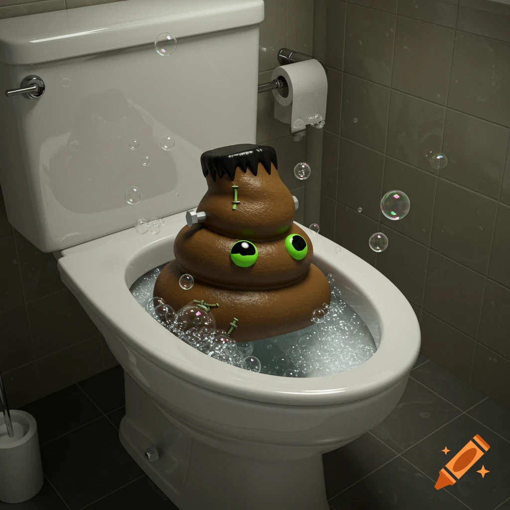 A happy Frankenstein-like poop monster with green eyes emerges from a bubbling toilet.
