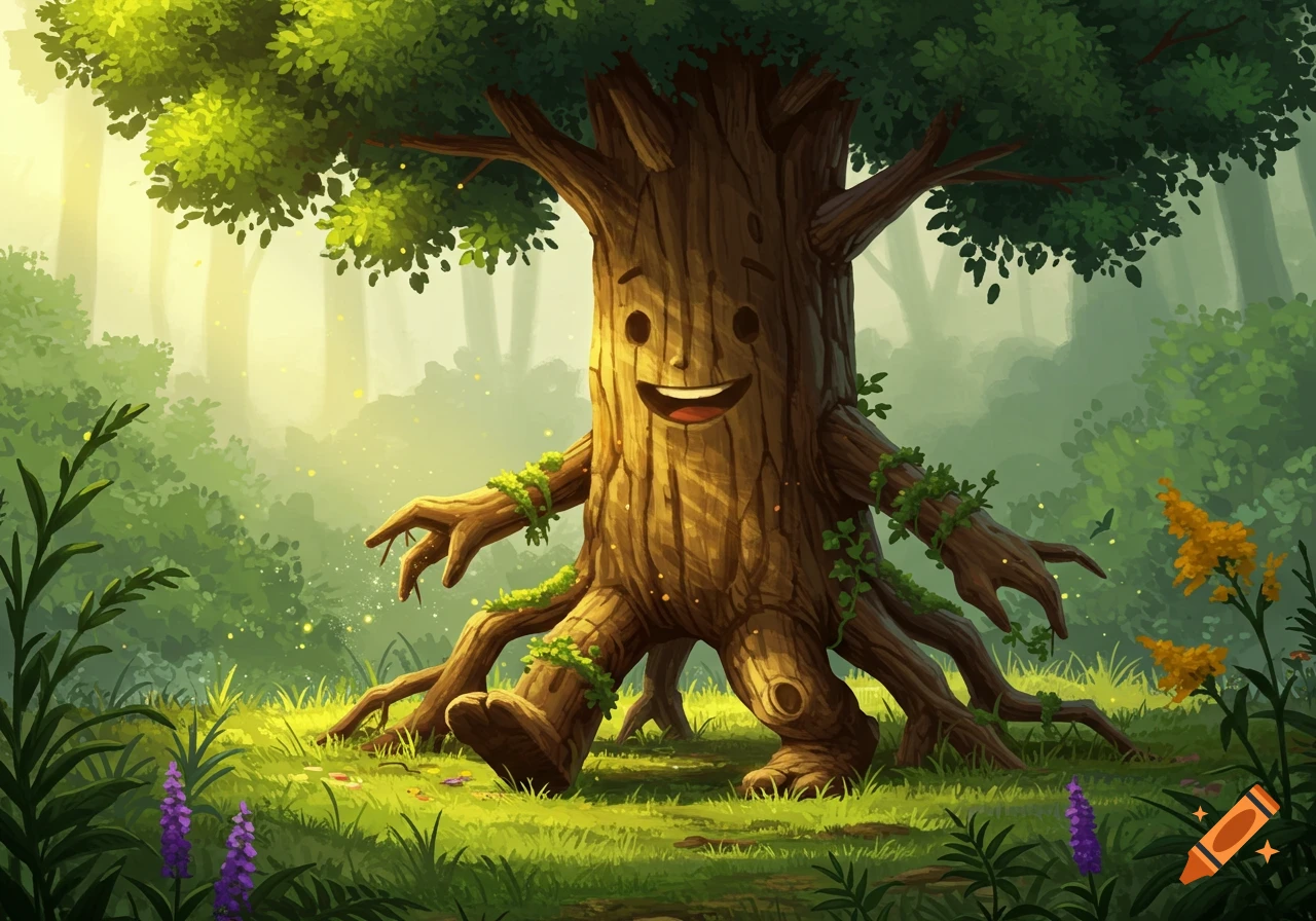 A happy, cartoon walking tree with a smiling face, arms, and legs, in a bright, lush green forest with sunlight filtering through.