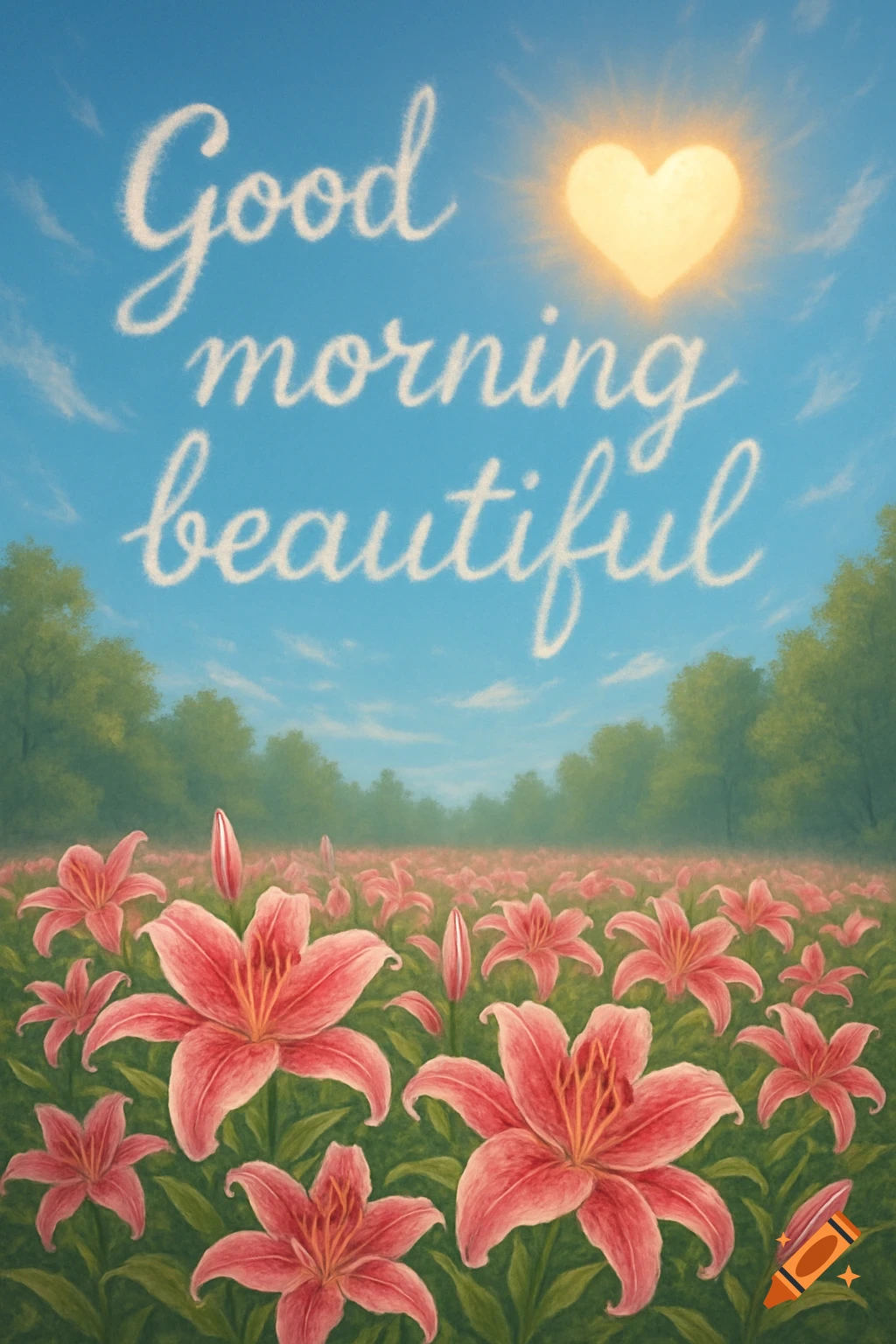 Illustrated view of a field of pink stargazer lilies under a blue sky with 'Good morning beautiful' written in clouds and a heart-shaped sun.