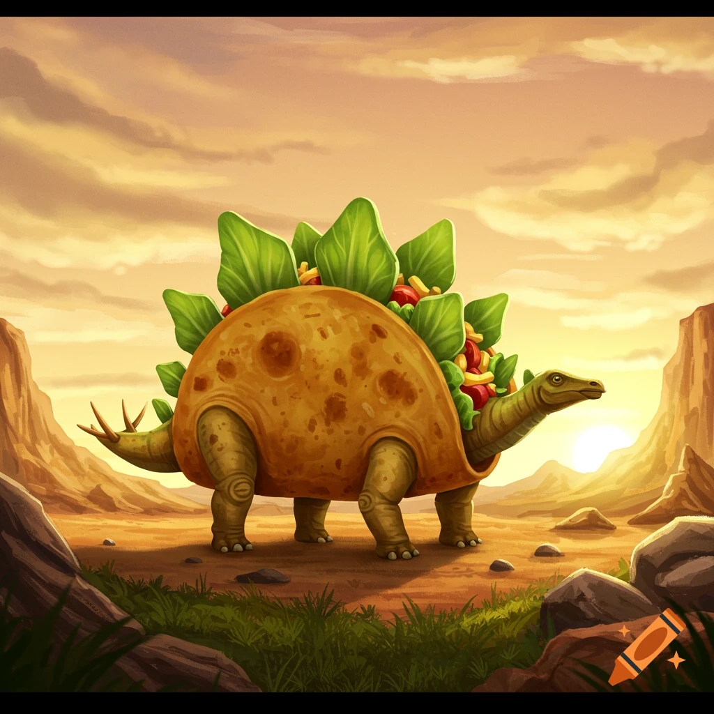 A whimsical taco-stegosaurus with lettuce spikes stands in a desert landscape at sunset.