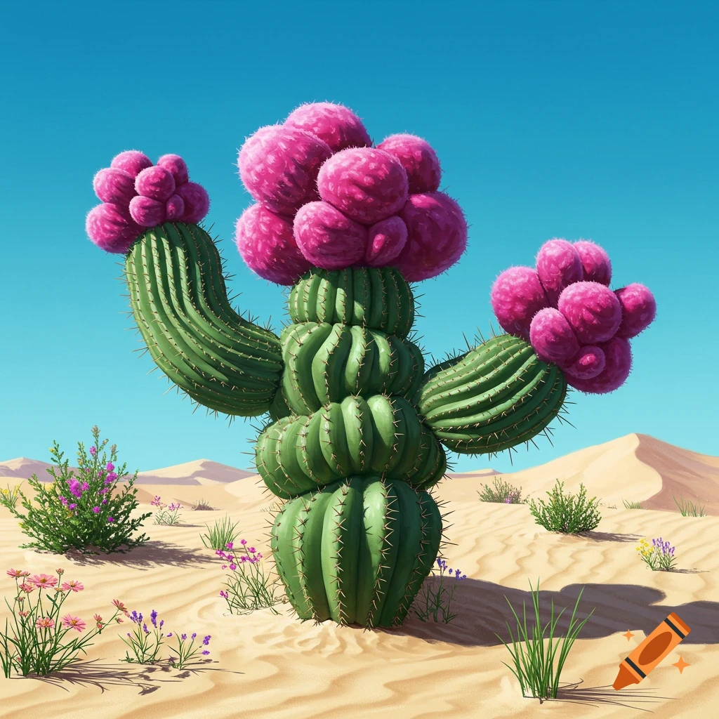 A large, stylized green cactus with many bright pink fluffy clusters stands in a sandy desert with dunes and small plants.