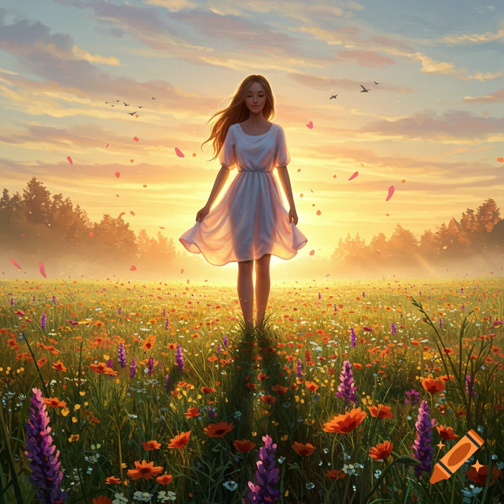 A serene young woman in a white dress stands amidst a vibrant wildflower field at sunset with petals falling, stylized art.