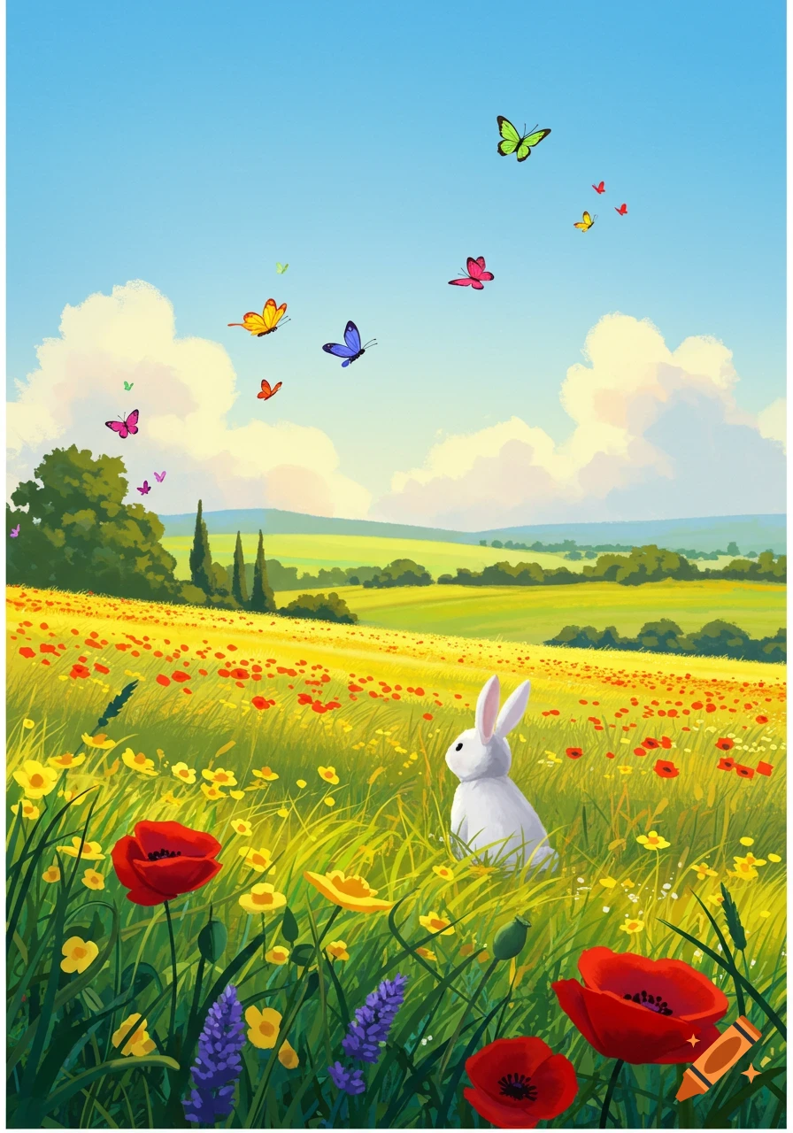 A white rabbit sits in a vibrant field of yellow and red flowers under a blue sky with colorful butterflies, in a cheerful illustration style.