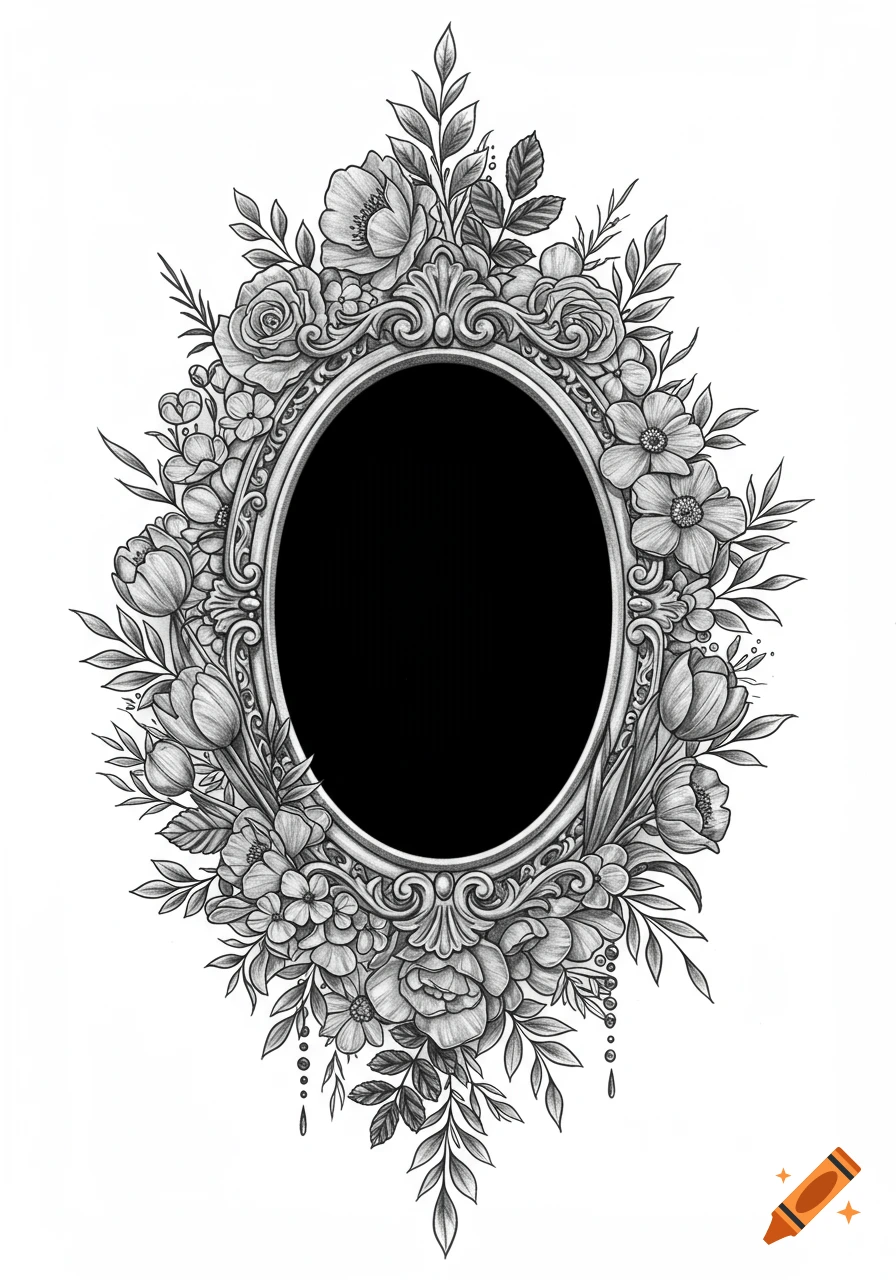 Black and grey illustration of an oval antique gothic frame surrounded by wildflowers, roses, tulips, and leaves in a tattoo design style.
