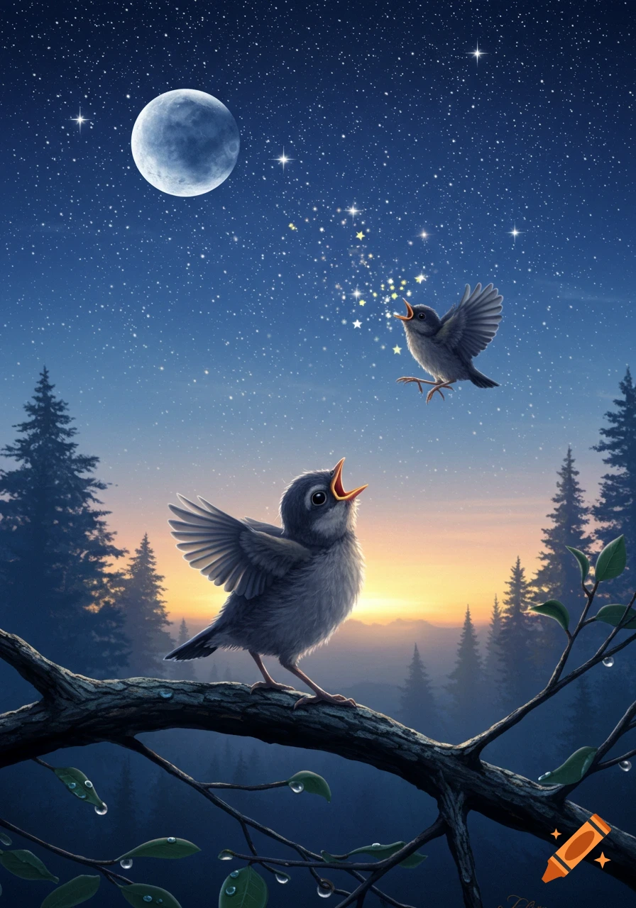 Two small birds sing under a starry night with a full moon and sunrise, stars emanating from them over a forest.
