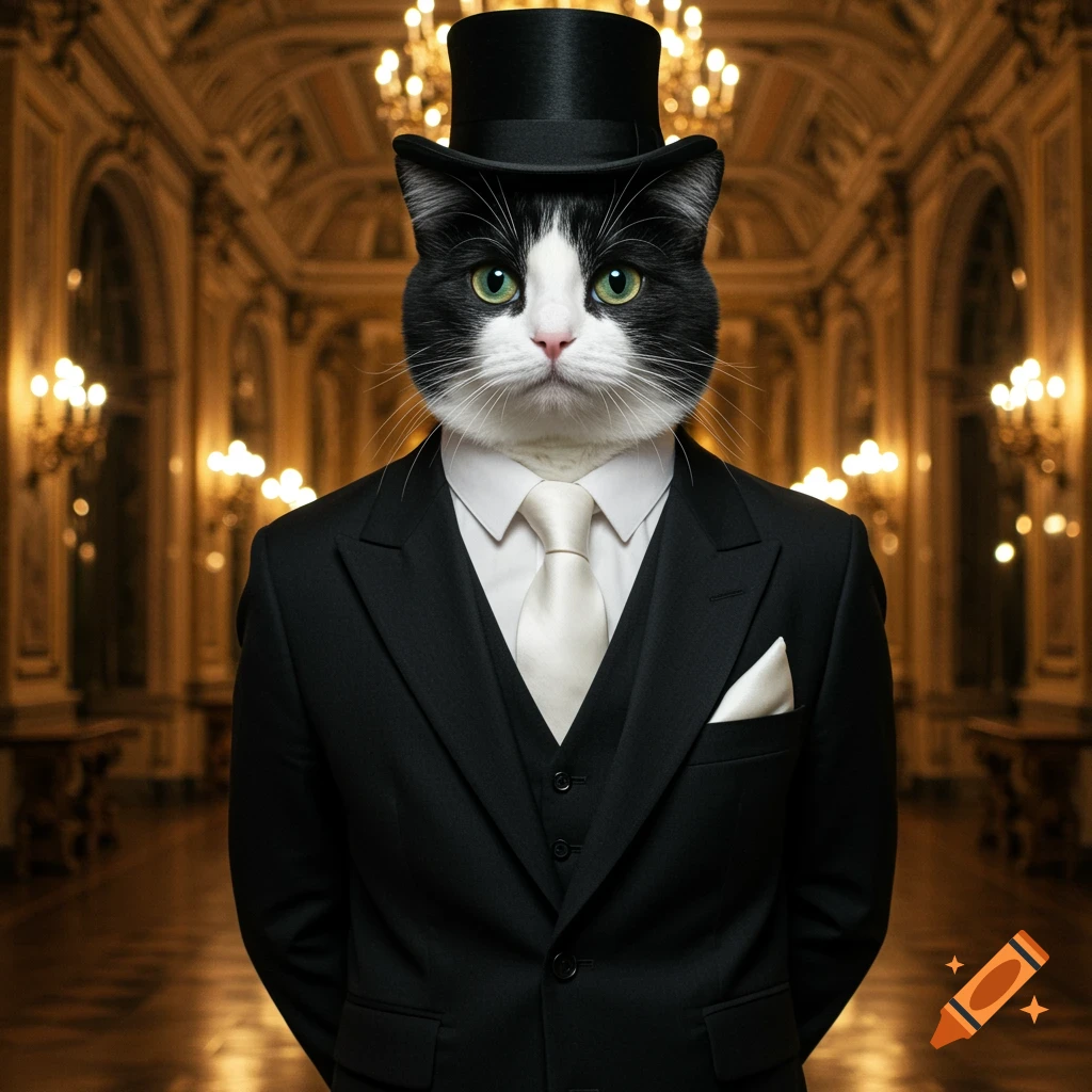 A photorealistic black and white tuxedo cat in a black suit, white tie, and top hat stands in a grand, opulent hall.