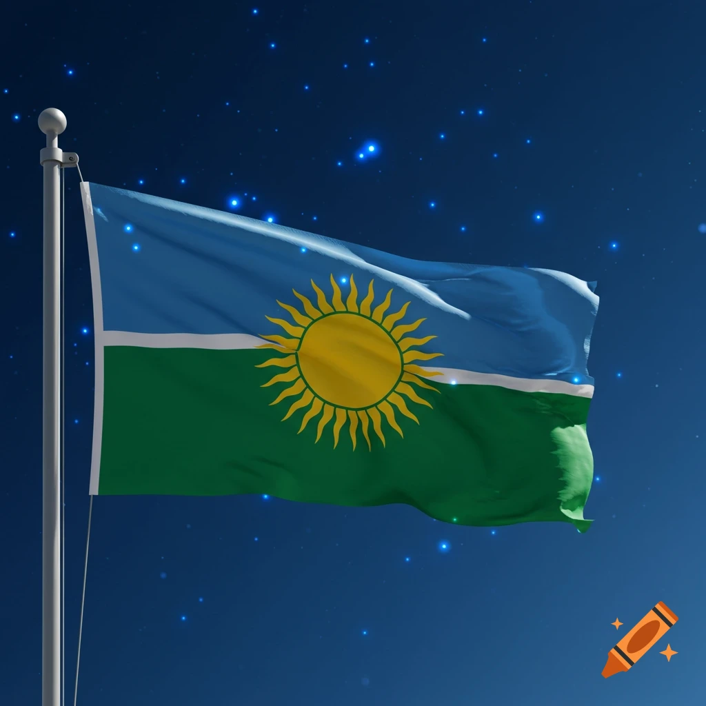 A flag with a yellow sun on a blue and green background, waving against a dark blue sky with bright blue lights.