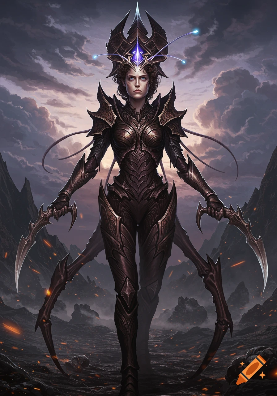 A powerful armored warrior woman with a spiky headpiece and glowing antennae stands in a desolate, fiery landscape, holding two curved blades.